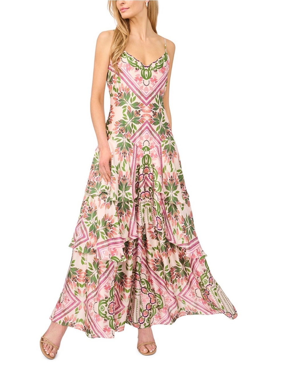NWT - Parker Pink and Green Tiered Floral Maxi Slip Dress - SZ 2